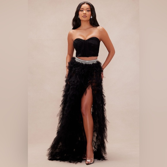 NEW  FASHION NOVA LUXE Black Strapless Feathered Two-Piece Gown